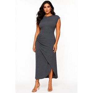 The Commons Gray‎ Mock Neck Ruched Faux Wrap Midi Dress Large NWOT